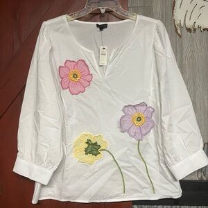 Talbots White Blouse with Colorful Floral Accents